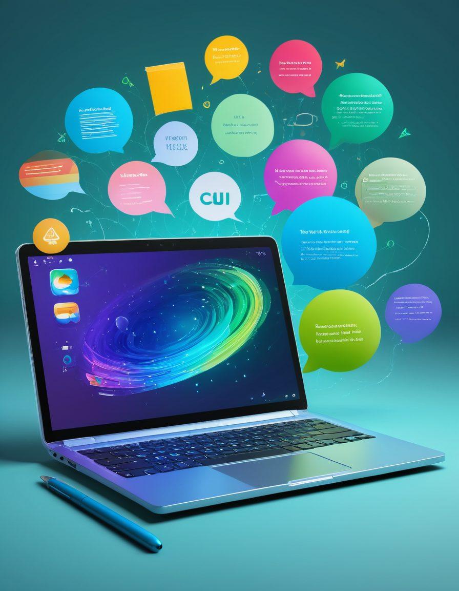 A vibrant collage depicting various language tools such as a digital notebook, speech bubble icons, language flags, and a futuristic holographic translator, all intertwined in an upward spiral signifying growth in communication skills. The background features a gradient of soft blues and greens with hints of technology-inspired elements. super-realistic. vibrant colors. 3D.