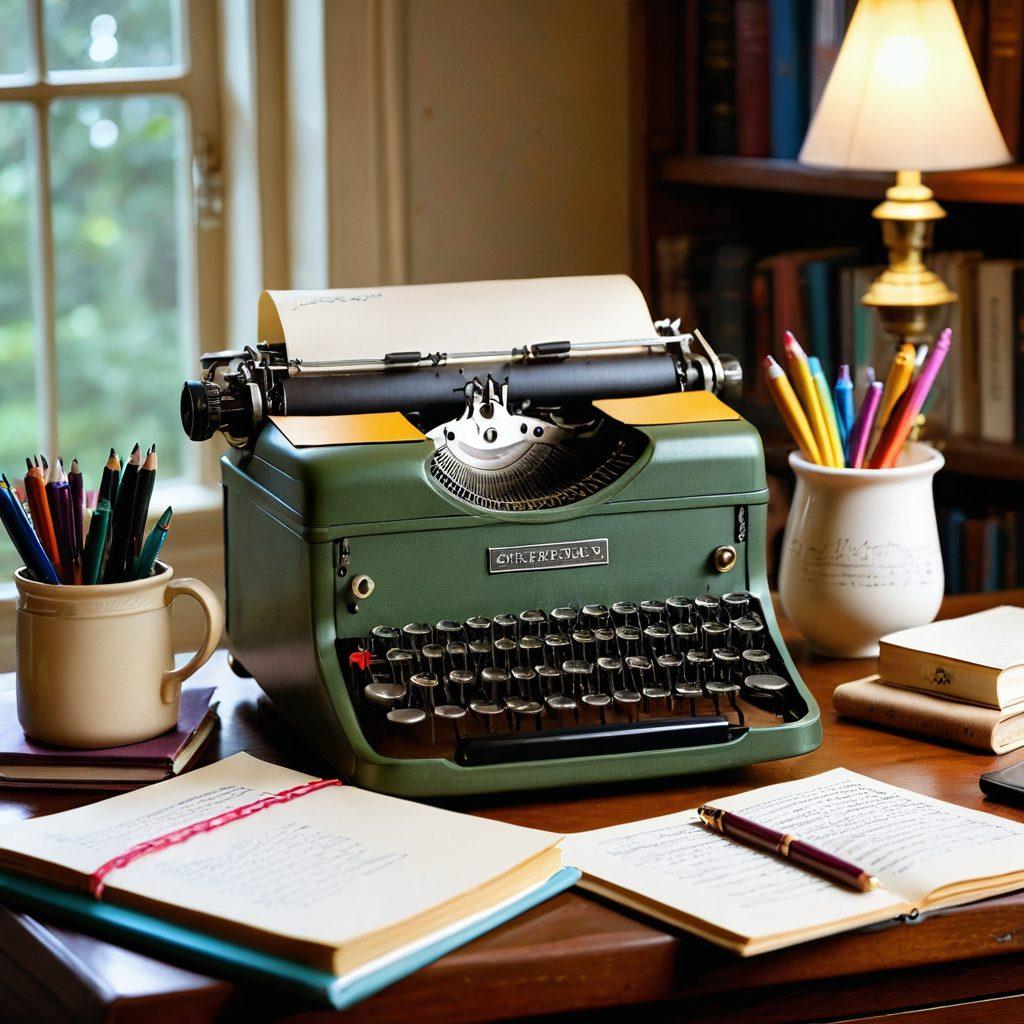 A serene workspace featuring an open notebook filled with handwritten notes, surrounded by vibrant colored pens and an antique typewriter. In the background, a bookshelf overflowing with language books glows gently with warm light. A steaming cup of coffee sits beside the notebook, symbolizing creativity and inspiration. The overall atmosphere is inviting and thought-provoking, encouraging creativity in writing and communication. super-realistic. vibrant colors. cozy ambiance.