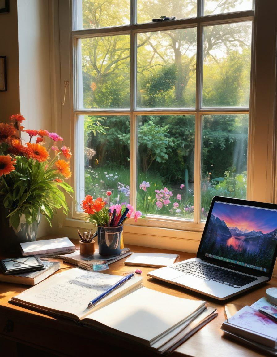 A beautifully cluttered writer's desk showcasing essential writing aids like notebooks, colorful pens, and a laptop with an open page displaying creative content. In the backdrop, a large window reveals a lively garden filled with blooming flowers symbolizing inspiration. Soft sunlight illuminates the scene, creating a warm and inviting atmosphere. artistic illustration. vibrant colors. cozy ambiance.